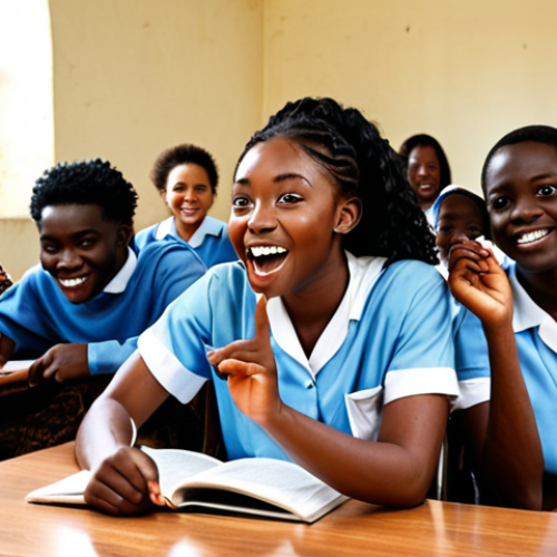 Home 22 ** A diverse group of Ghanaian students enthusiastically participating in an English class, highlighting the opportunity for global connection and future careers.
**