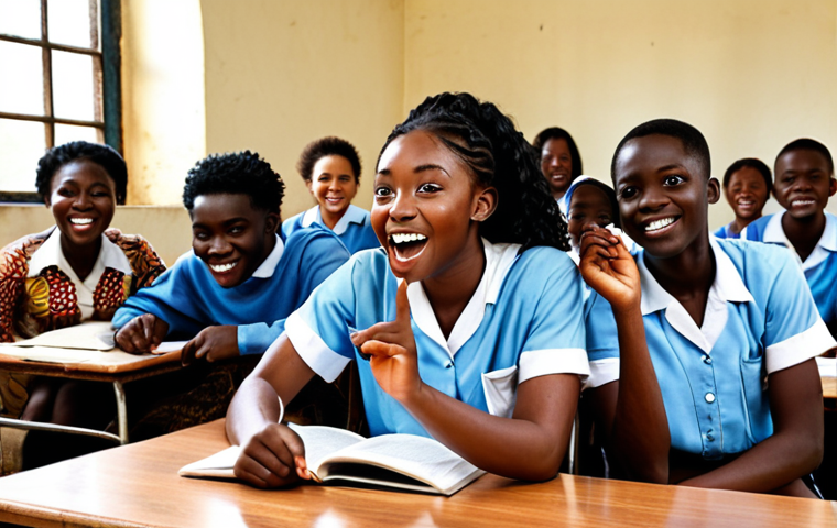 ** A diverse group of Ghanaian students enthusiastically participating in an English class, highlighting the opportunity for global connection and future careers.

**