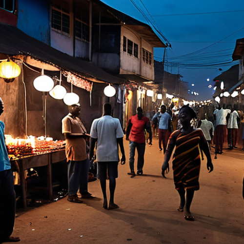 Home 21 **Prompt:** A bustling street in Kumasi, Ghana, during a power outage. Lanterns and candlelight illuminate vendors and people socializing in the darkness. Focus on the resilience and community spirit.