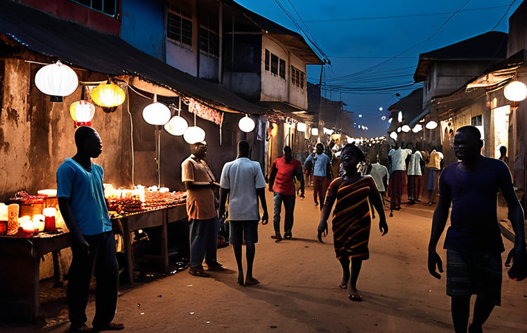 **Prompt:** A bustling street in Kumasi, Ghana, during a power outage. Lanterns and candlelight illuminate vendors and people socializing in the darkness. Focus on the resilience and community spirit.
