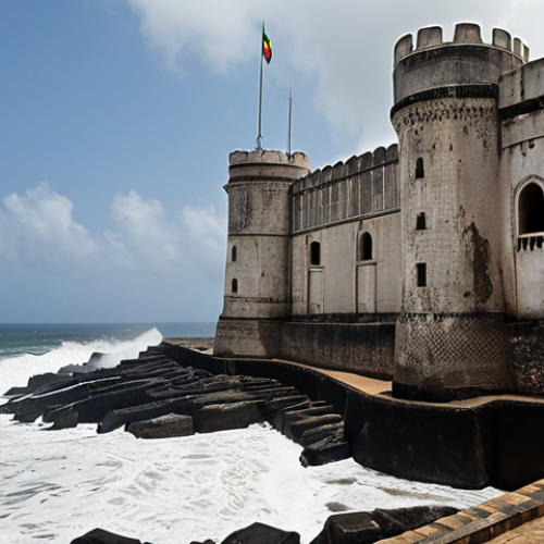 Home 20 **Ghana Slave Fort:** A dramatic, wide-angle shot of Cape Coast Castle (or Elmina Castle) in Ghana. Focus on the imposing architecture, weathered stone walls, and the ocean waves crashing against the shore. Include a depiction of shadows and light to convey the somber history of the transatlantic slave trade.