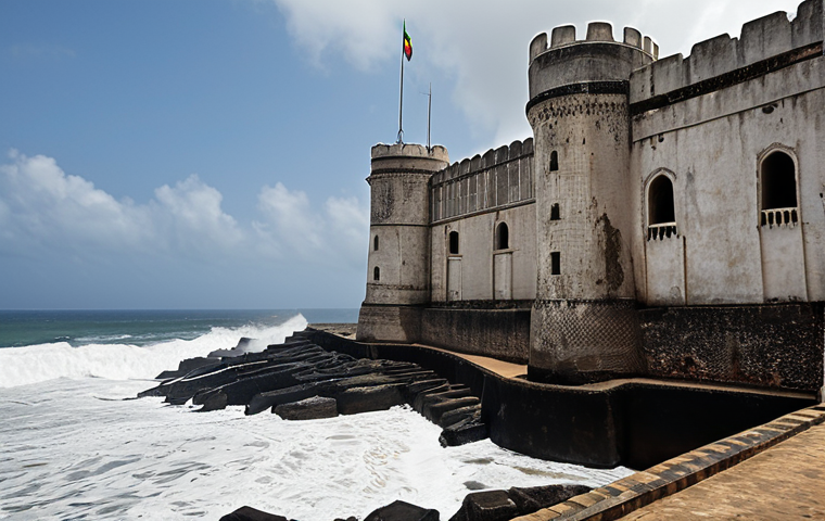 **Ghana Slave Fort:** A dramatic, wide-angle shot of Cape Coast Castle (or Elmina Castle) in Ghana. Focus on the imposing architecture, weathered stone walls, and the ocean waves crashing against the shore. Include a depiction of shadows and light to convey the somber history of the transatlantic slave trade.