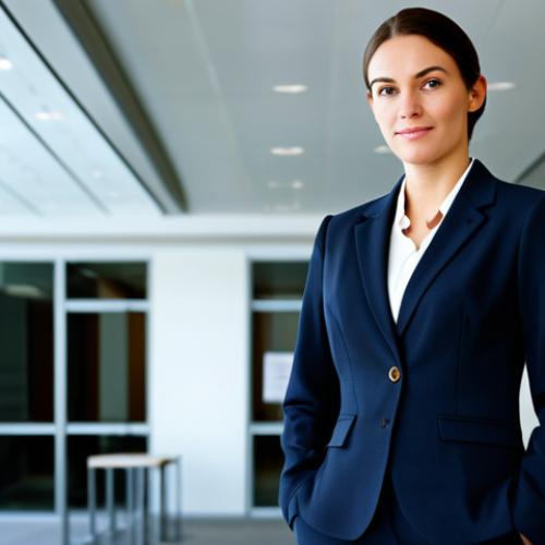 Home 11 **Prompt:** A businesswoman in a modern, fully clothed, modest business suit, standing confidently in a well-lit office lobby, appropriate attire, safe for work, perfect anatomy, natural pose, professional photograph, high quality.