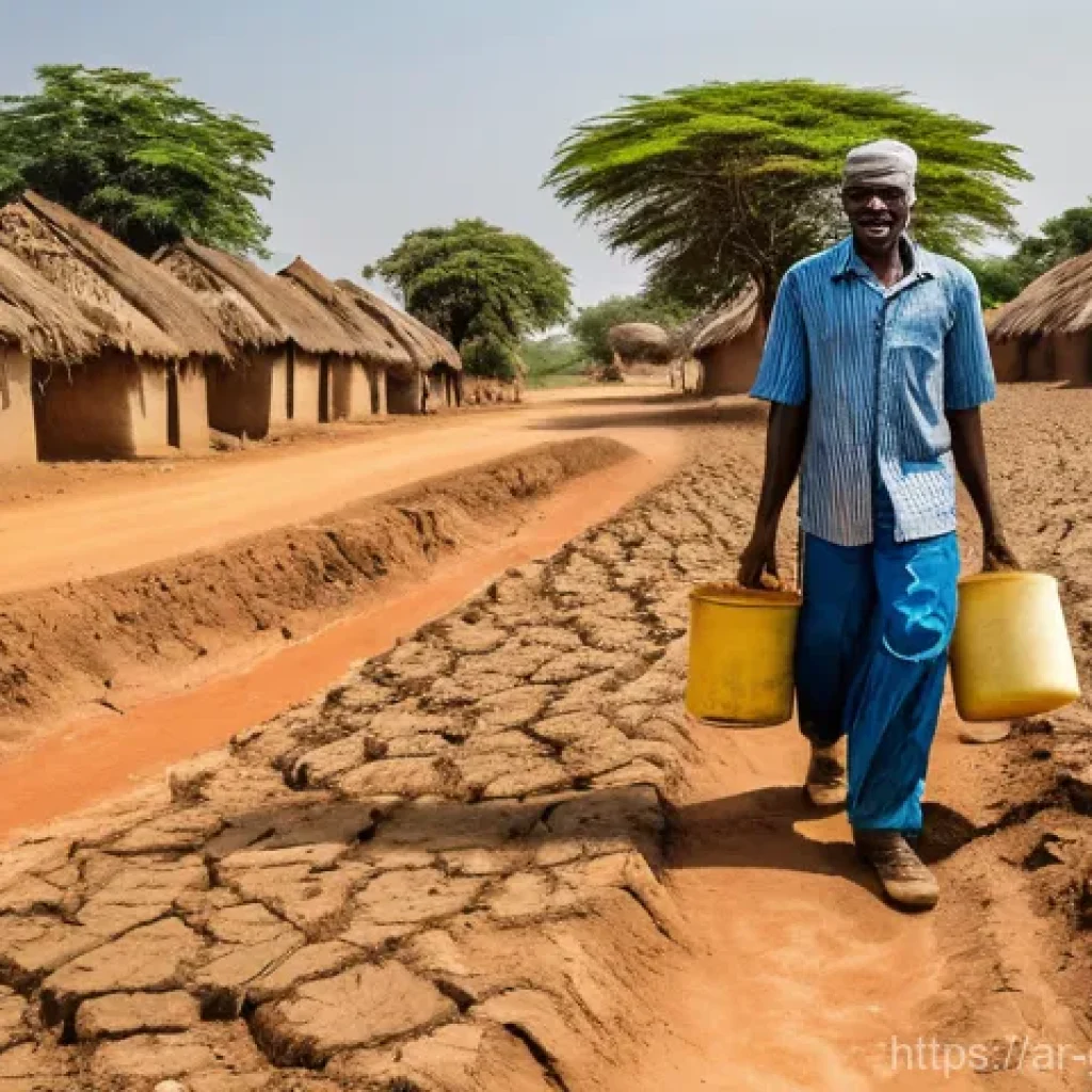 가나의 기후 변화와 환경 보호 정책 - **Prompt:** A vivid, realistic depiction of a Ghanaian farming community grappling with climate chan...