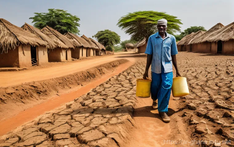 가나의 기후 변화와 환경 보호 정책 - **Prompt:** A vivid, realistic depiction of a Ghanaian farming community grappling with climate chan...
