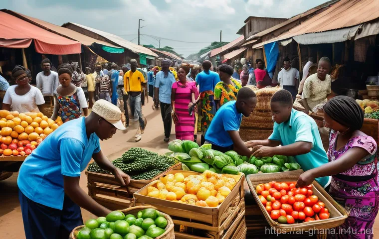 가나 최근 경제 동향 - **Prompt:** A realistic, cinematic photograph of a bustling open-air market scene in a vibrant Ghana...