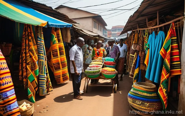 가나 악어 공원 탐방 - **Vibrant Accra Market Scene:** A bustling and colorful local market in Accra, Ghana, teeming with f...