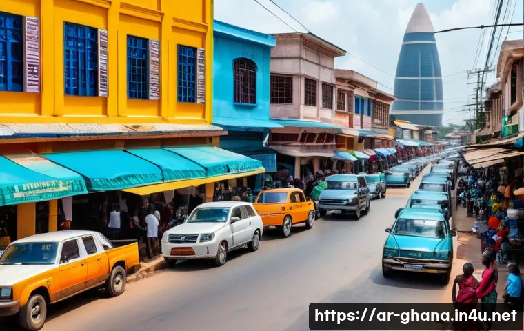 가나의 도시별 특징  아크라 쿠마시 타말레 등 - A vibrant urban street scene in Accra, Ghana, showcasing a dynamic blend of towering modern skyscrap...