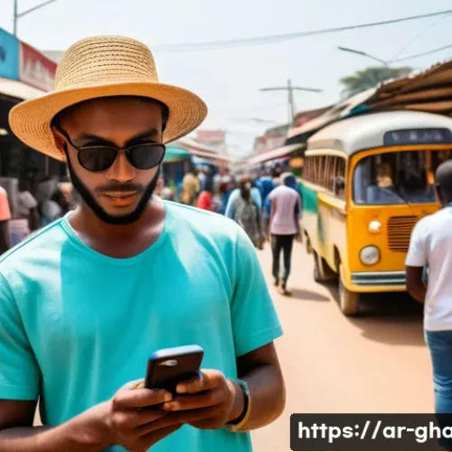Home 33 가나 여행 시 필수 준비물 - A vibrant street scene in Accra, Ghana, showcasing a young Arab traveler using a smartphone with a p...