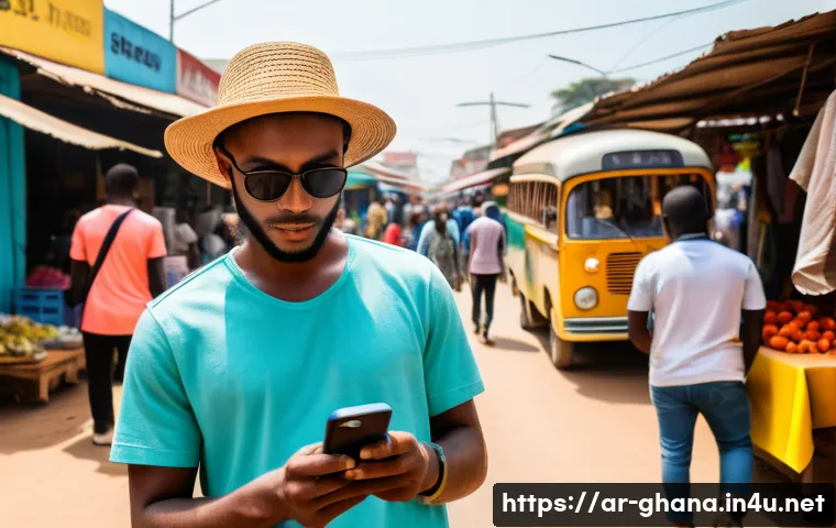 가나 여행 시 필수 준비물 - A vibrant street scene in Accra, Ghana, showcasing a young Arab traveler using a smartphone with a p...
