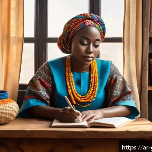 Home 32 가나에서 유명한 작가 및 문학 작품 - A vibrant, detailed scene depicting a contemporary Ghanaian female writer in a cozy study room fille...