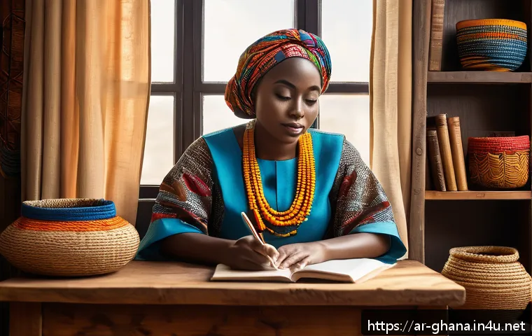 가나에서 유명한 작가 및 문학 작품 - A vibrant, detailed scene depicting a contemporary Ghanaian female writer in a cozy study room fille...