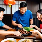 Home 19 가나에서 한국 음식점 찾기 - A vibrant Korean barbecue restaurant scene in Accra, Ghana, showing a diverse group of friends aroun...