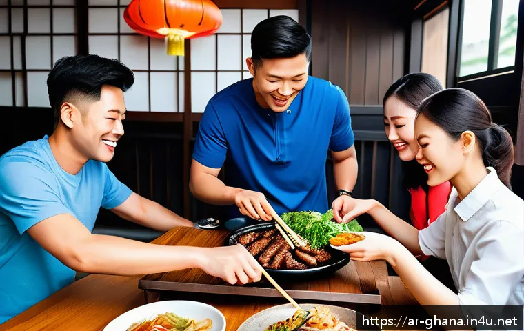 가나에서 한국 음식점 찾기 - A vibrant Korean barbecue restaurant scene in Accra, Ghana, showing a diverse group of friends aroun...