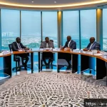 Home 18 가나와 서아프리카 국가 비교 분석 - A detailed scene of Ghana’s strategic economic planning office: a modern conference room with divers...