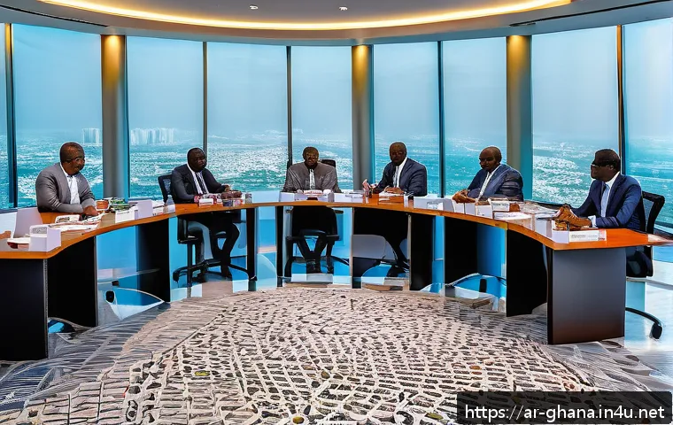 가나와 서아프리카 국가 비교 분석 - A detailed scene of Ghana&rsquo;s strategic economic planning office: a modern conference room with divers...