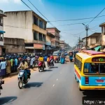 Home 23 가나 현지 교통 이용법 - A bustling street scene in Accra, Ghana during morning rush hour featuring a colorful "Trotro" minib...