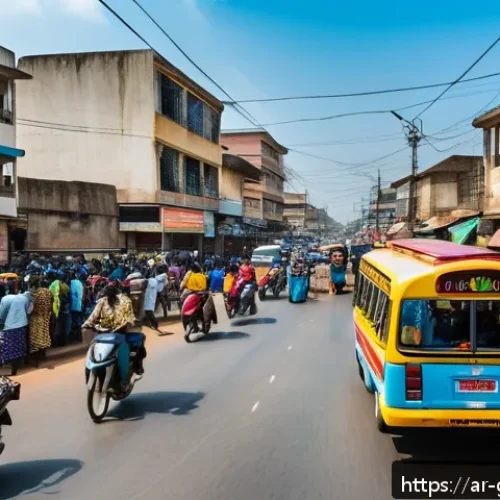 Home 17 가나 현지 교통 이용법 - A bustling street scene in Accra, Ghana during morning rush hour featuring a colorful "Trotro" minib...