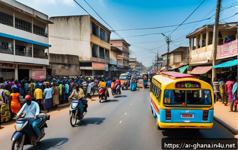 가나 현지 교통 이용법 - A bustling street scene in Accra, Ghana during morning rush hour featuring a colorful "Trotro" minib...