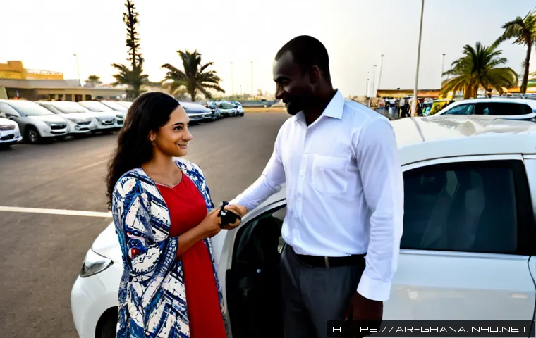가나에서 자동차 렌트 및 운전법 - Photorealistic travel scene in Accra, Ghana: a modestly dressed Arab couple meeting a friendly Ghana...