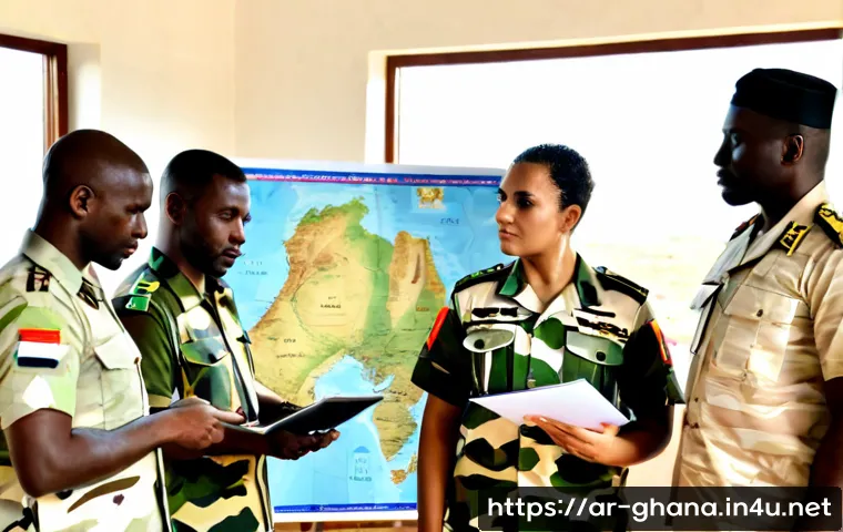 가나의 군사력과 국방 정책 - Photorealistic Ghanaian military officers in neat modern uniforms reviewing a large unlabeled West A...
